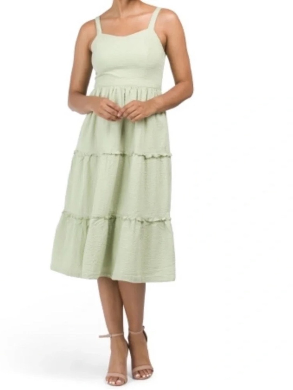 Japna Sage Green Seersucker Tiered Midi Dress Smocked Back Cottagecore XS
